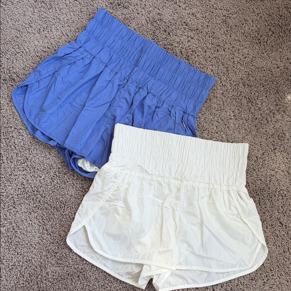 Free People Smocked High-Waist Athletic Shorts - Blue & White